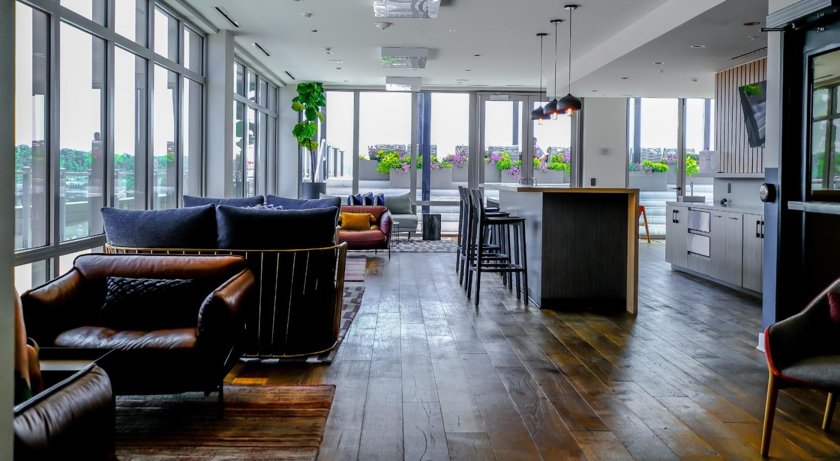 Access to resident-only features clubroom with leather couches