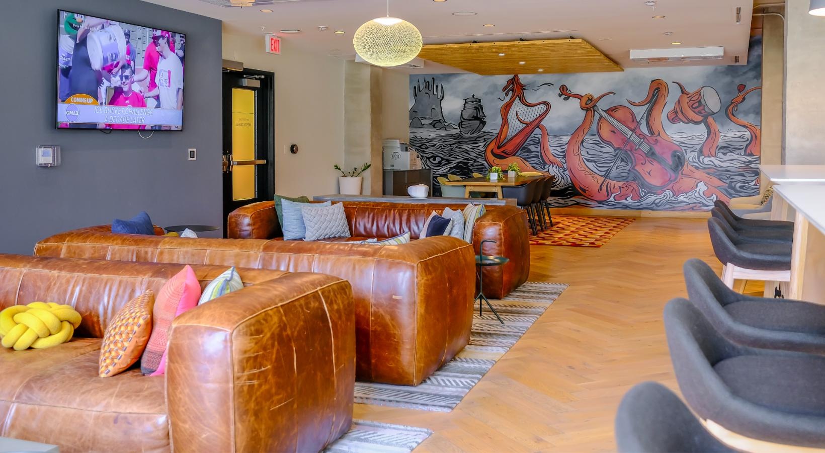 Enjoy our resident-only features leather couches in spacious clubroom