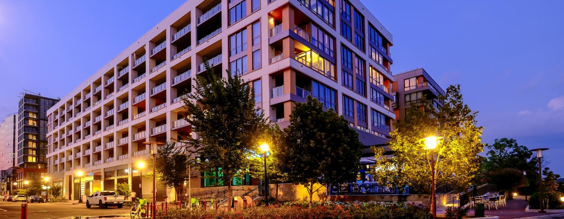 Riverpoint exterior lit at night